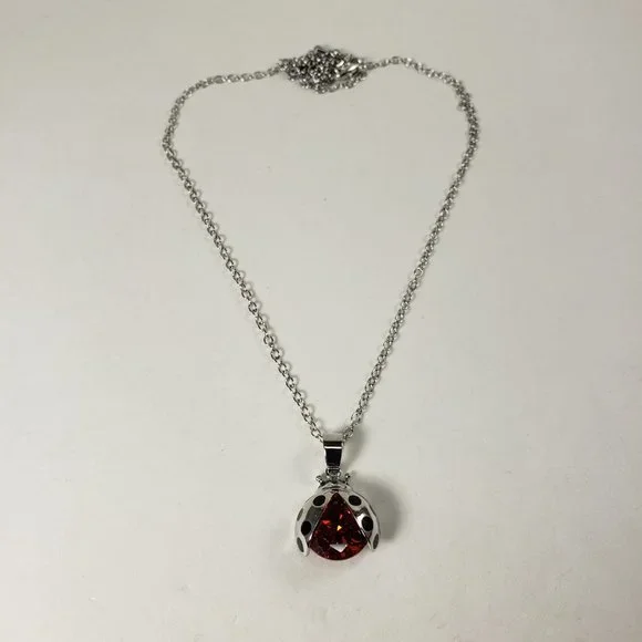 Women Sterling Silver overlay Red Ruby Stone Swarovski Crystal Ladybug Necklace - Picture 4 of 10
